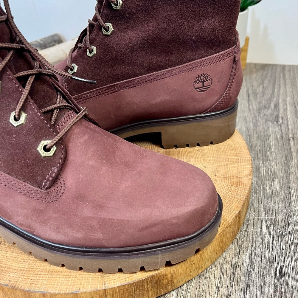 *Timberland | Waterproof Foldover Teddy Fleece Red Leather Suede Bootie Size 9.5 - Picture 10 of 16
